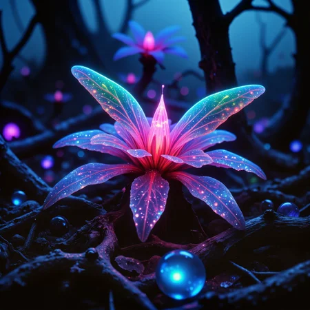 ethereal and mesmerizing scenery on a distant world, award-winning macro photo, short depth of field, hyper realistic, ultra high definition, dim lighting, twilight, bioluminescence, subsurface scattering, the scant "rainbow-colored shnamflarb" is a tiny darting creature, thriving in the crimson-hued crimblewilds of the humid world "hellshminger, the third." its flibberwhirring wings are tipped with glowing nodes that flash in rhythmic patterns, creating intricate lumiglyphs to communicate with its swarm. the creature's habitat is a chaotic labyrinth of tangled, knorpled branches and flaring orbiflowers that release puffs of phosphorescent pollen into the stifling air, creating an otherworldly, garbonified landscape, creature focus, very aesthetic, extremely detailed, ultra high resolution, 8k, 4k, harmonising colors, anthrazit grey and teal and ivory and aubergine purple and deep blue, ovg, arsmoviestill, dndgr41nyb0yz style, <lora:image_enhancer-flux-by_dever:0.8> <lora:style-80s_fantasy_movie-v3-flux-by_arsmachina:0.92> <lora:style-dnd_grainyboyz-romulus-flux-by_kimwithdapuss:0.48>