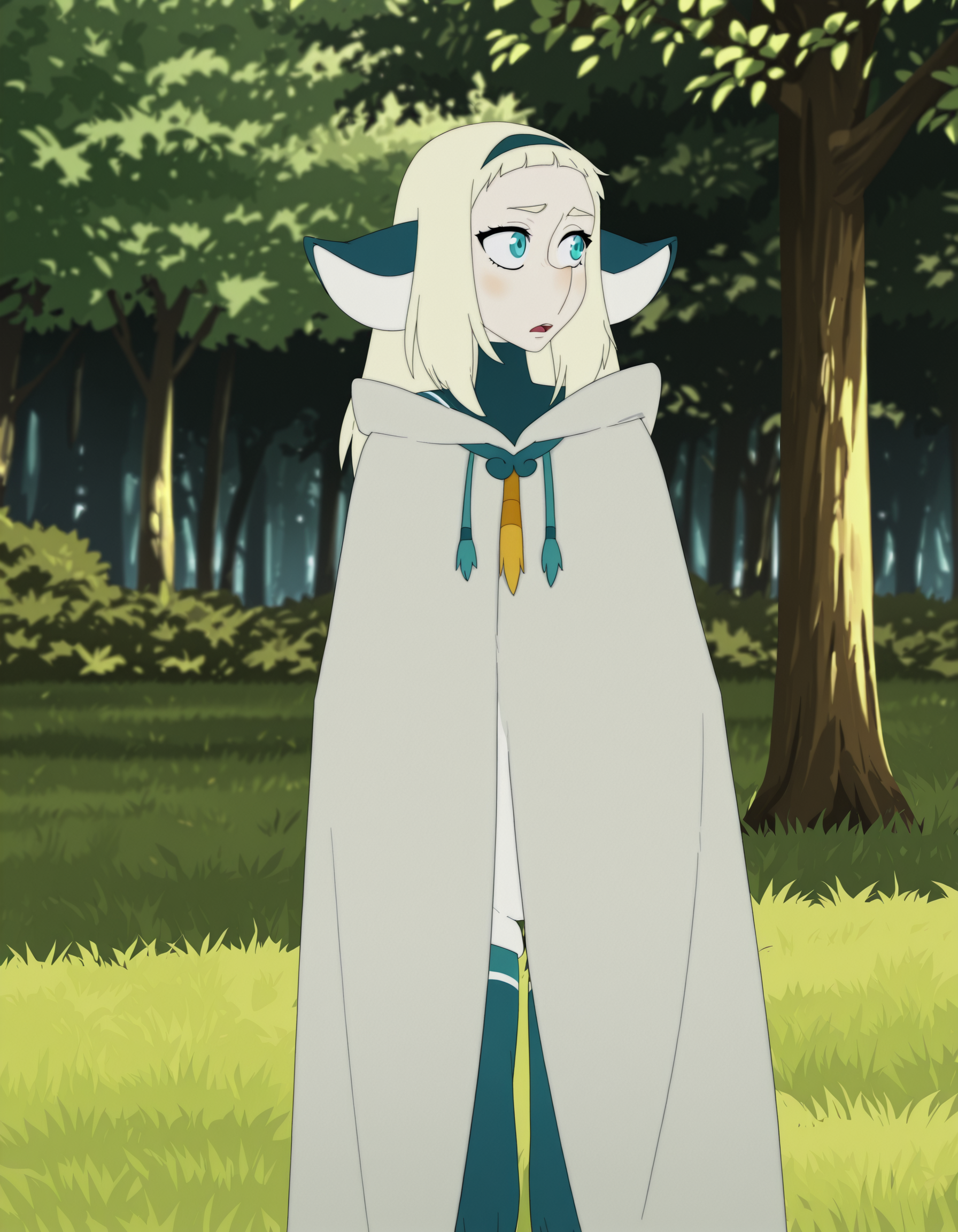 bakara, 1girl, white hair, long hair, solo, aqua eyes, bodysuit, hairband,cloak, hood ,outdoors,tree, grass,looking to the side,   <lora:BakaraJurgenIllustrious1.0JLFO:1>