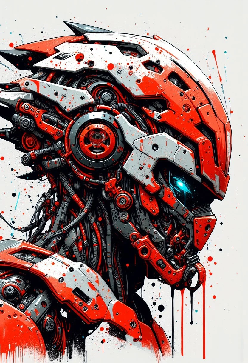 a helmet of a futuristic battle robot, side view, mythp0rt, mad-cbrpnksplshrt, paint splashes, red, white and black