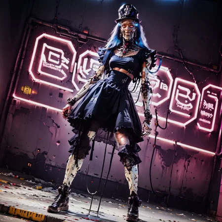 (score_9, score_8_up, score_7_up), (neon lights, cypberpunk, egyptian city, thick lineart, sharp edges),
BREAK
dutch angle, full body, solo, 1women, red eyes, long hair, blue hair, grin, dark-skinned female, mask respirator, female focus, robot, cyborg , android, mechanical arms, cyborg, robot joints, mechanical parts, tube, spine, cybernetic neck, bionic torso, bionic skin,
BREAK
gothic hat, gothic bodysuit, gothic dress, frilled dress, fishnet pantyhose,
BREAK
grim, dark atmospher, science fiction,
<lora:dark_techwear:0.8><lora:BioPunky:0.8> <lora:Concept Art Twilight Style SDXL_LoRA_Pony Diffusion V6 XL:0.8> <lora:Bad_Hands_lora:0.8> <lora:add-detail-xl:0.8> <lora:sinfully_stylish_PONY_0.2:0.8>
