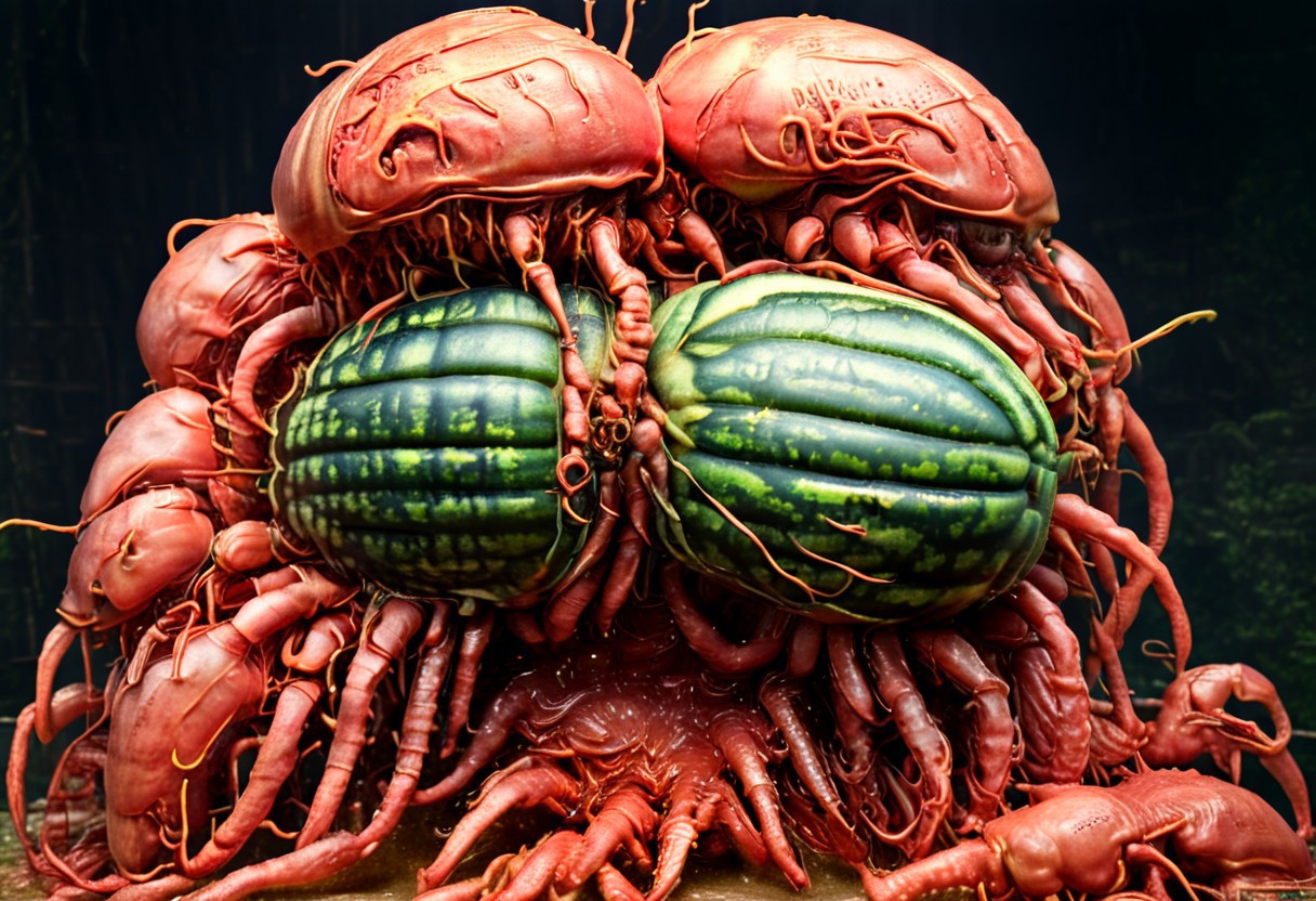 A cinematic photograph of a watermelon made of poly acrylic in the shape of a horny, five-headed woman, having sex with a yellow crayfish, in the style of Raphael,  Movie Still, Film Still, Cinematic, Cinematic Shot, Cinematic Lighting, JuggernautNegative, biopunkai, Disgusting, Globby, Goo, Yucky, Icky
