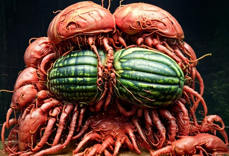 A cinematic photograph of a watermelon made of poly acrylic in the shape of a horny, five-headed woman, having sex with a yellow crayfish, in the style of Raphael, Movie Still, Film Still, Cinematic, Cinematic Shot, Cinematic Lighting, JuggernautNegative, biopunkai, Disgusting, Globby, Goo, Yucky, Icky