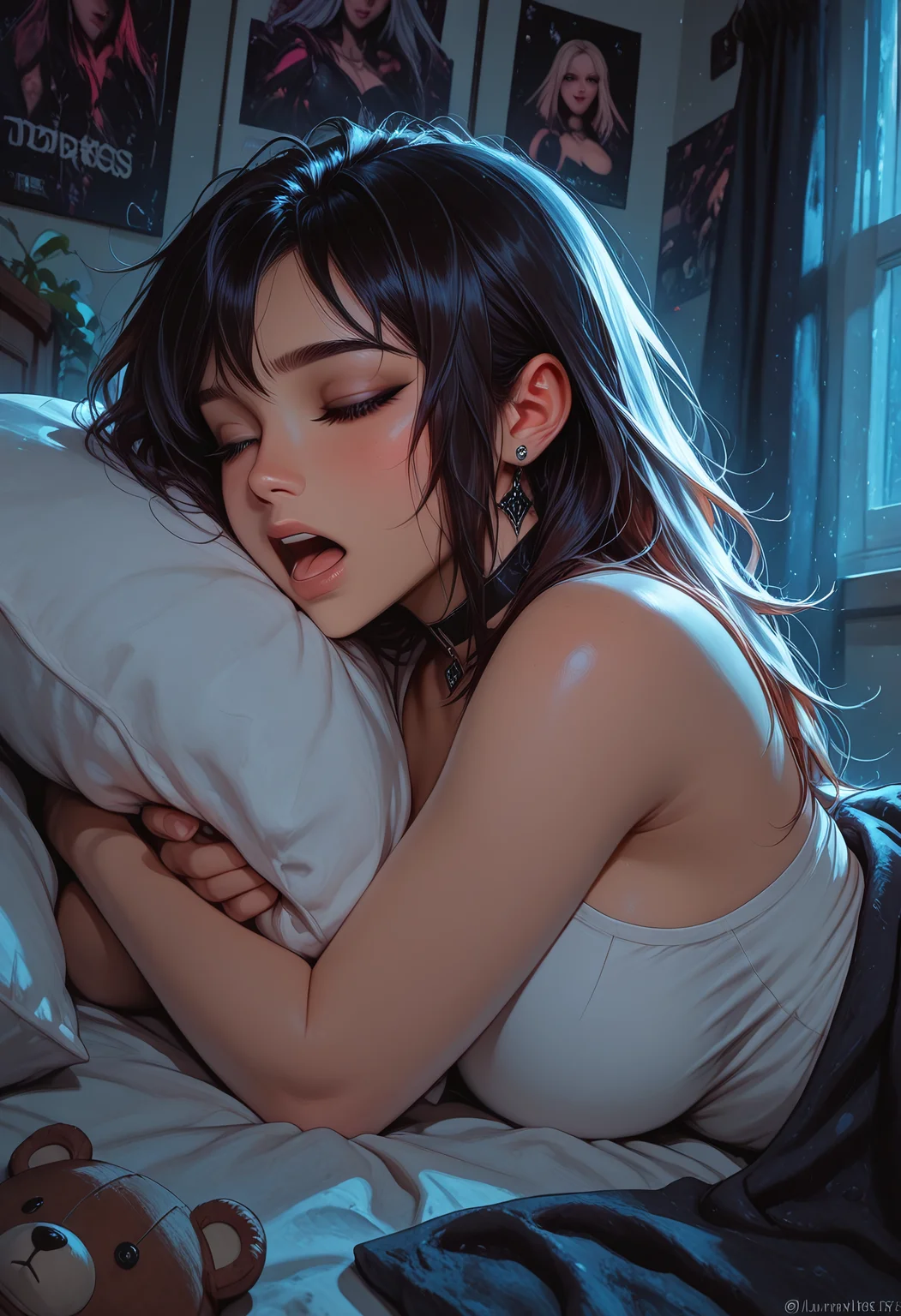 highres, very detailed, amazing quality, masterpiece,
very aesthetic, vibrant colors,
particle effect,
1girl, solo:1.2, LunaWf, Tan skin, large breasts, curvy, choker,
Laying down, sleeping, yawning, eyes half closed, tired, sleepy, bed head, (under a blanket, grabbing pillow, hugging pillow),
Bedroom, girly bedroom, stuffed animals, pictures, posters, plants, clutter, clothes thrown around room,
at night, night, moonlight, midnight, shadows, dark, darkness,
from the side, view from the side, close up,