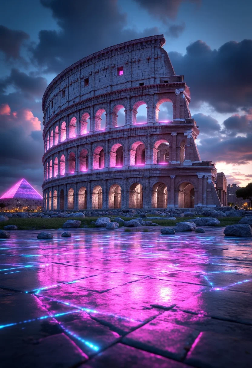 A colossal Roman Colosseum bathed in neon pink and electric blue, with light beams shooting out from the arches. The structure sits amidst an endless vaporwave desert landscape, the ground made of glitching, reflective patterns and distant neon pyramids.
