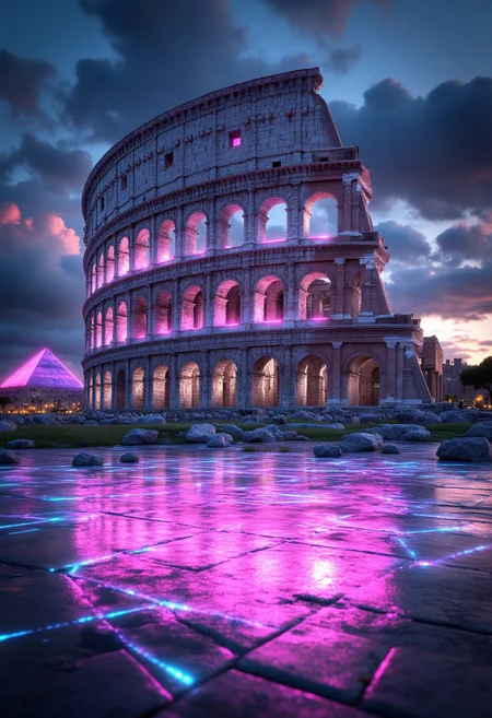 A colossal Roman Colosseum bathed in neon pink and electric blue, with light beams shooting out from the arches. The structure sits amidst an endless vaporwave desert landscape, the ground made of glitching, reflective patterns and distant neon pyramids.