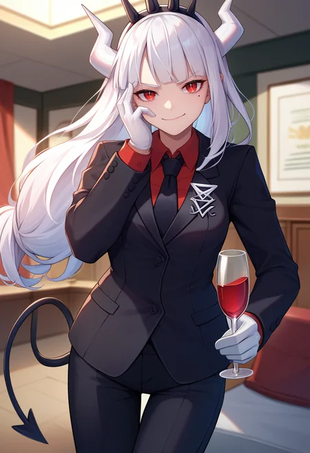 score_9, score_8_up, score_7_up, source_anime, solo, 1girl, luciferdef, mole under eye, smirk, looking at viewer, standing, holding wine glass, hand on own face, long hair, crown, white horns, demon horns, formal, business suit, black jacket, badge, long sleeves, red shirt, black necktie, white gloves, black pants, demon tail, indoors <lora:helltaker_lucifer_ponyXL:1>