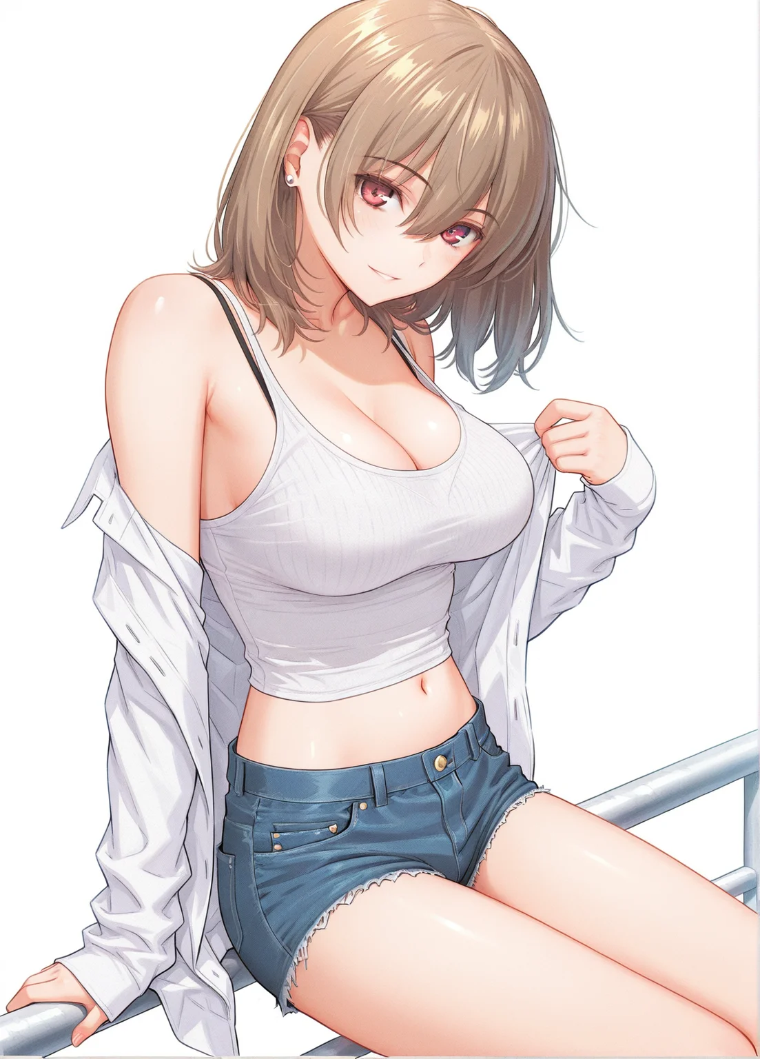 ultra-detailed,detailed face, score_9, score_8_up, score_7_up, source_anime,(extremely detailed CG), (best quality), 
brown hair,red eyes, 1girl, solo, looking at viewer, hair between eyes, parted lips, bangs, white background, simple background, medium hair, nagi,large breasts, slender waist ,
, denim, looking at viewer, sitting, tank top, jewelry, earrings, shirt, cleavage, off shoulder, bangs, railing, nagi,short shorts,smile,navel
 <lora:nagi:0.9>