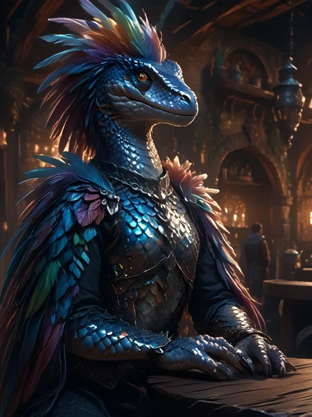 score_9, score_8_up, score_7_up, source_anime, source_western, source_comic BREAK 1girl, raptor girl with mane of feathers sitting at table in fantasy tavern, pale opalescent scales, rainbow feathers, wearing black scale armor <lora:Scales_Feathers_and_Cracks_XL:1.0> scales, feathers <lora:Scale_Armor_r2:0.5> SCLARMR, Scale Armor <lora:Dragon_and_Lizard_babes:0.6> <lora:Raptors_LoRA_v2:0.6> dromaeosaurid, feathered dinosaur <lora:Pride_Before_The_Fall_Rainbows:1> prideb4fall <lora:vivid_everclear:0.8>