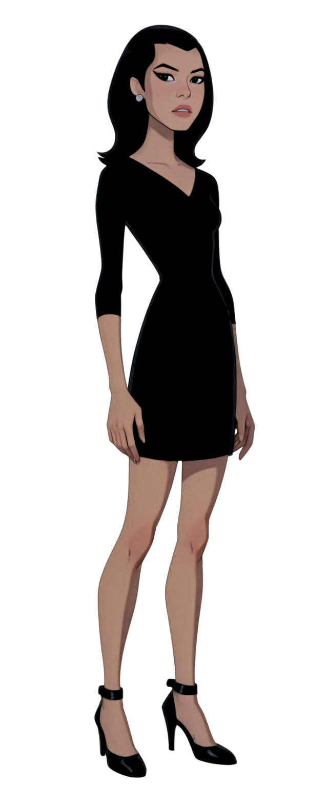 elenaUAF, 1girl, solo, full body,black hair, black dress, white background, black eyes, stud earrings, long hair, high heels, detailed, masterpiece,best quality,amazing quality,