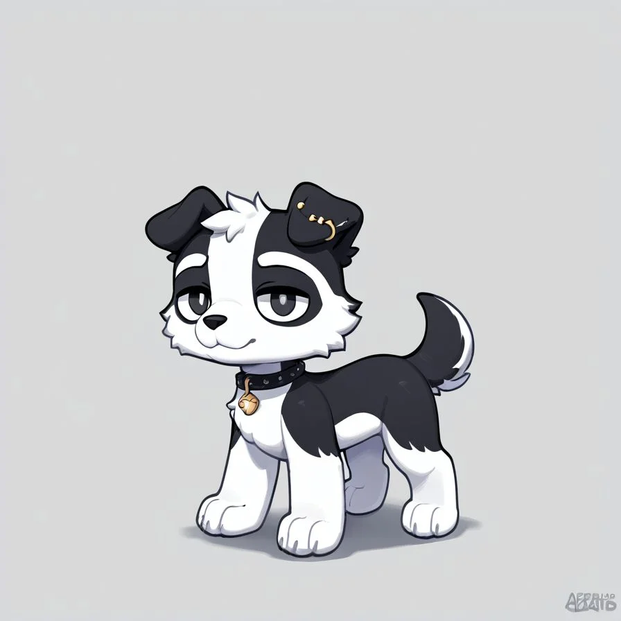 score_9_up, score_8_up, solo, feral male, canid, collie, all fours, goth choker, thigh highs, alt style, white fur, black markings, gold, marble, reflective, abstract fur design, digital media \(artwork\), custom lps, littlest_pet_shops, digital art, <lora:LPS-000009:0.9>, by ((abarus)), <lora:Abarus:0.65>