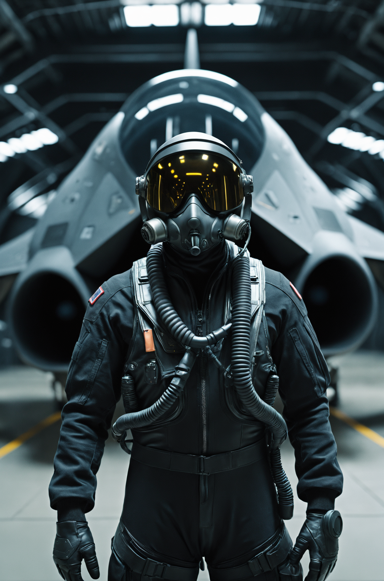 1man,A futuristic military pilot wearing black pilot flight suit,wearing a futuristic pilot helmet with oxygen mask,standing inside a military hanger,futuristic stealth jet fighter in the background,cinematic scenes,cinematic shots,cinematic lighting,volumetric lighting,ultra-detailed,highly detailed,hyper-detailed,realistic,ultra-realistic,hyperrealistic,HD,IMAX,8K resolutions,ultra resolutions,sharp focus,magnificent,best quality,masterpiece.,