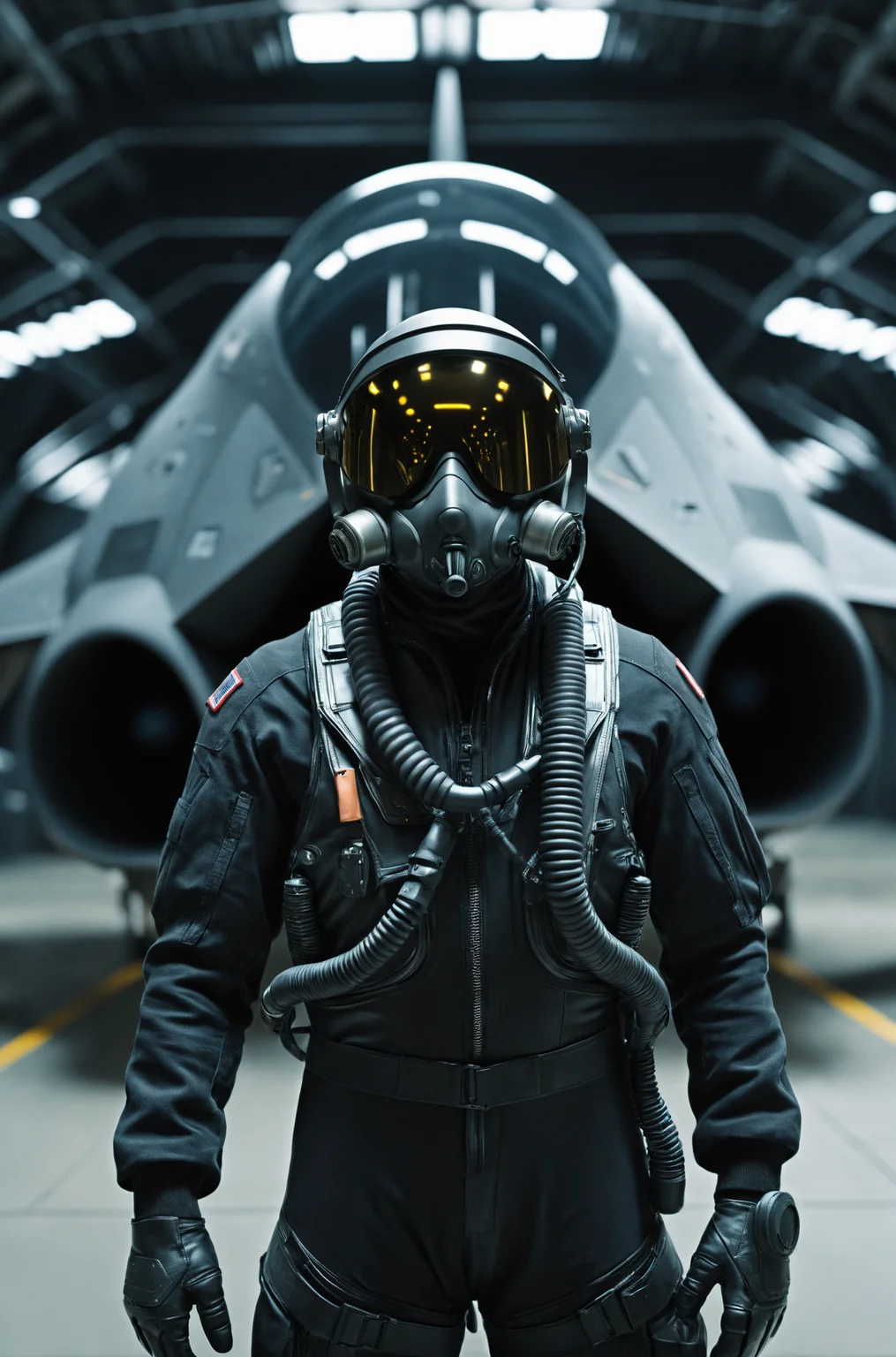 1man,A futuristic military pilot wearing black pilot flight suit,wearing a futuristic pilot helmet with oxygen mask,standing inside a military hanger,futuristic stealth jet fighter in the background,cinematic scenes,cinematic shots,cinematic lighting,volumetric lighting,ultra-detailed,highly detailed,hyper-detailed,realistic,ultra-realistic,hyperrealistic,HD,IMAX,8K resolutions,ultra resolutions,sharp focus,magnificent,best quality,masterpiece.,