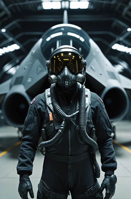 1man,A futuristic military pilot wearing black pilot flight suit,wearing a futuristic pilot helmet with oxygen mask,standing inside a military hanger,futuristic stealth jet fighter in the background,cinematic scenes,cinematic shots,cinematic lighting,volumetric lighting,ultra-detailed,highly detailed,hyper-detailed,realistic,ultra-realistic,hyperrealistic,HD,IMAX,8K resolutions,ultra resolutions,sharp focus,magnificent,best quality,masterpiece.,