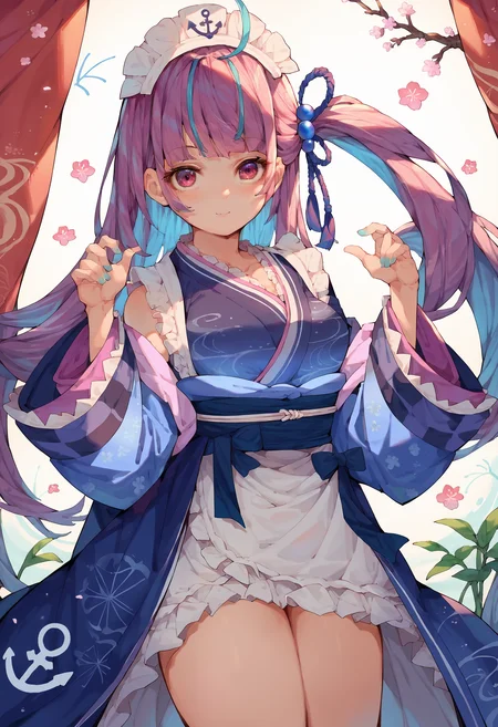score_9, score_8_up, score_7_up, uncensored, source_anime, 1girl, <lora:spminatoAquaXLPony:1> aquany, maid headdress, japanese clothes, blue kimono, wide sleeves, anchor symbol, obi, sash, white apron, frilled apron, wa maid, waist apron, frilled kimono, blue nail polish, blue nails
