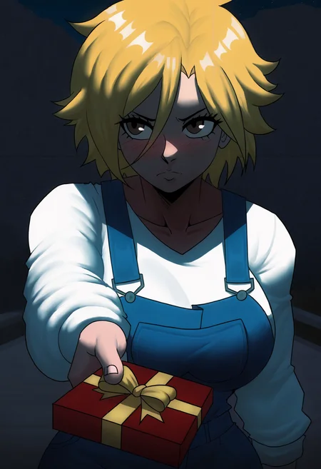 masterpiece, best quality, newest, absurdres, highres, (echo saber:1.2), night, outdoors, closed mouth, 1girl, solo, dimaria, brown eyes, bangs, short hair, blonde hair, hair between eyes, reaching towards viewer, foreshortening. holding gift, incoming gift, blue overalls, white shirt, long sleeves, blush <lora:Dimaria_Yesta_all_in_one_last_Illustrious:1>