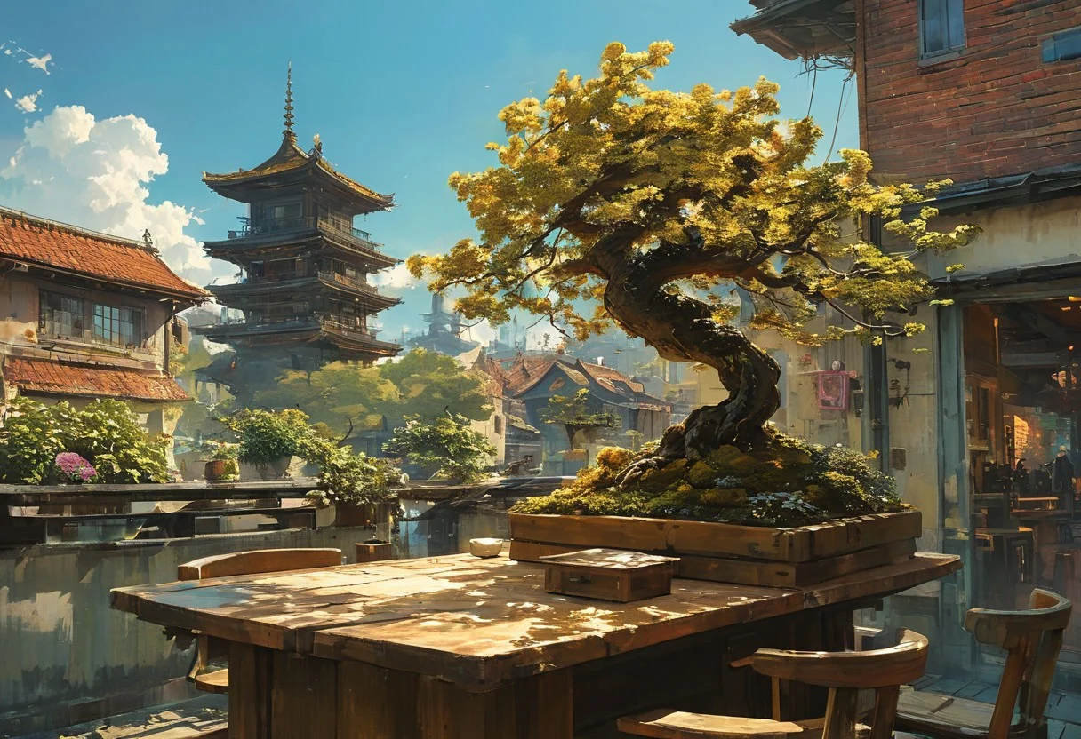 ultra high resolution, masterpiece, best quality,artwork, Cinematic style,
play of shadow and light,
masterpiece, hyper realism, a high-resolution photograph, golden ratio, dutch angle, dynamic, side view, asymmetry, contrasting, unique, enigmatic, a charming bonsai on a table, outdoor, vibrant artwork, cyberpunk, anime, aidma-niji , no human