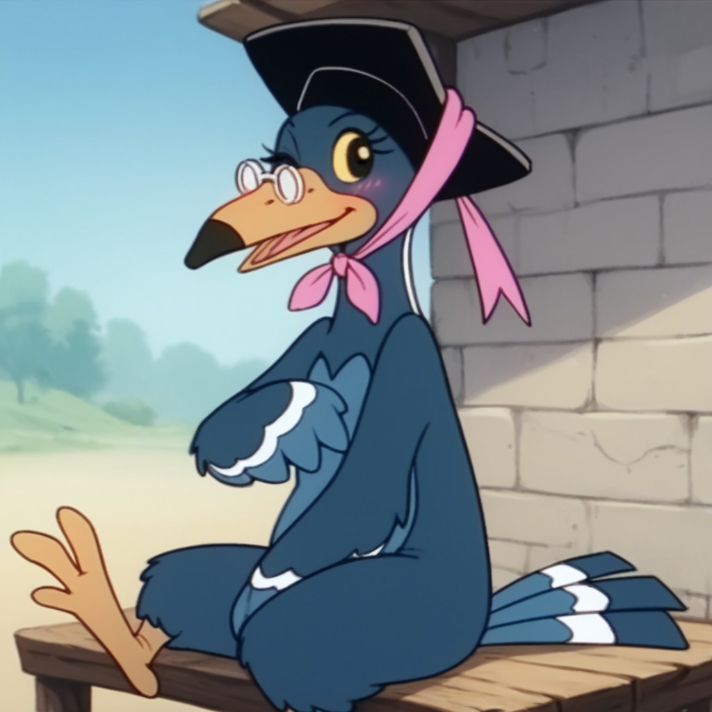 score_9, score_8_up, score_7_up, score_6_up, score_5_up, score_4_up, source_furry, Magpiebbv2, semi-anthro, female, bird, blue feathers, yellow beak, hat, glasses, black eyes, yellow sclera, sitting, arm between legs, spread legs, wink, blush, full body,