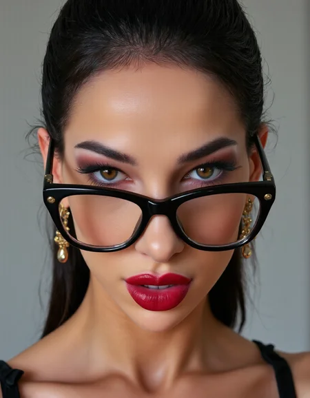A striking portrait of a fierce woman with piercing eyes and bold, direct eye contact. She wears natural-looking brick-red lipstick and large, avant-garde glasses. The composition embodies a high-fashion editorial aesthetic, blending ethereal beauty with dramatic shadows and luxurious fashion details. The zoomed-out perspective places the subject in 30% of the frame, leaving ample negative space around her head for a modern, minimalist feel. The subtle 3D effect enhances the visual depth, creating a captivating and dynamic image.