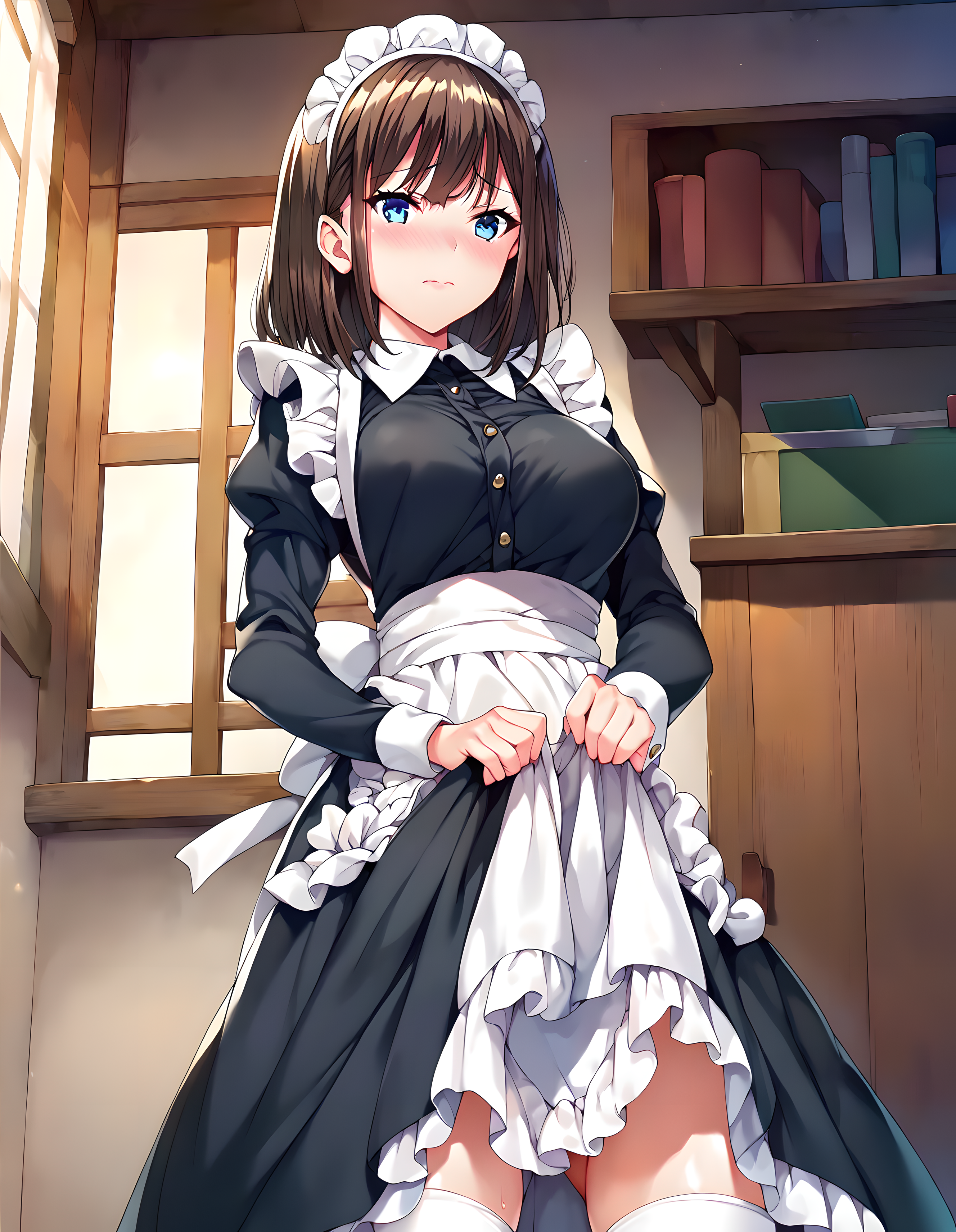 <lora:pony_xl_yayoi:0.9>,yayoi,score_9,score_8_up,score_7_up,source_anime,1girl,solo,maid,maid headdress,black dress,long sleeves,frilled apron,maid apron,white apron,white legwear,enmaided,standing,skirt hold,embarrass,cowboy_shot,
