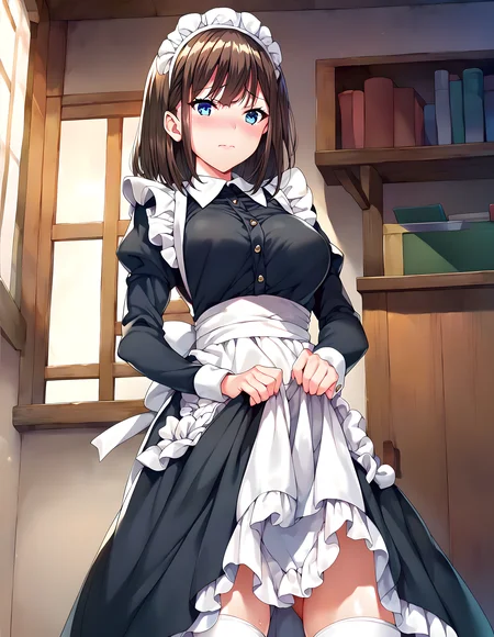 <lora:pony_xl_yayoi:0.9>,yayoi,score_9,score_8_up,score_7_up,source_anime,1girl,solo,maid,maid headdress,black dress,long sleeves,frilled apron,maid apron,white apron,white legwear,enmaided,standing,skirt hold,embarrass,cowboy_shot,