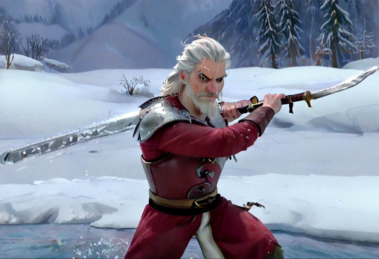 geralt as a (r0b0t_s4nta_c1aus), holding a sword, solo,
high guard sword parry stance, incoming vertical sword attack
at a frozen lake,
game screenshot,
looking at the camera,
sfw