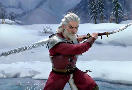 geralt as a (r0b0t_s4nta_c1aus), holding a sword, solo,
high guard sword parry stance, incoming vertical sword attack
at a frozen lake,
game screenshot,
looking at the camera,
sfw