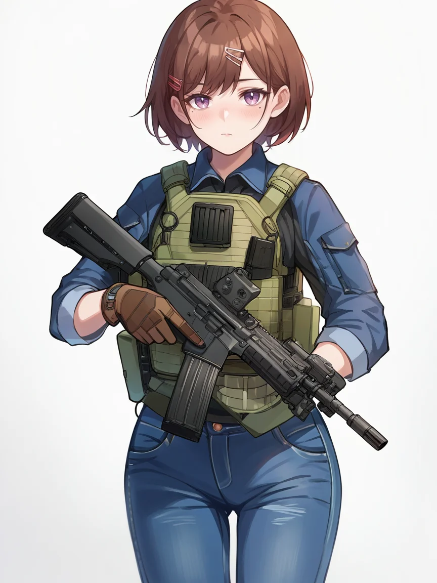 score_9, score_8_up, score_7_up, score_6_up, score_5_up, <lora:tacticalclothesXLP:1>tactical clothes, 1girl, gun, weapon, solo, gloves, rifle, white background, pants, hair ornament, brown hair, holding weapon, holding, hairclip, looking at viewer, mole under eye, simple background, mole, short hair, holding gun, blush, load bearing vest, denim, m4 carbine, blue pants, jacket, assault rifle, jeans, bulletproof vest, brown gloves, bangs