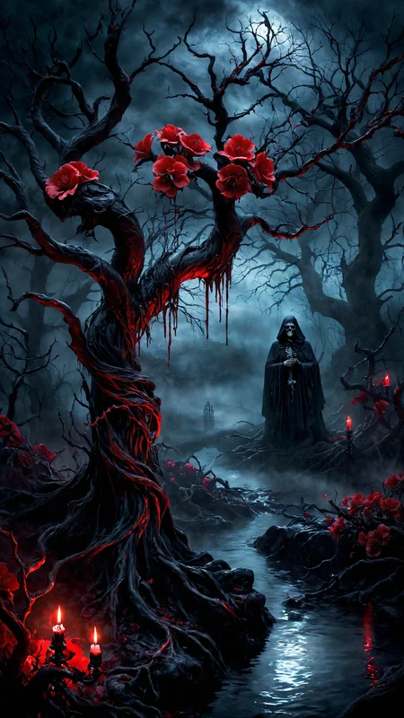 Horror theme, dark and eerie atmosphere, hyperrealistic, bloody stream, ominous tree with twisted branches, skulls scattered around the base, vibrant red flowers, ethereal lighting, glowing moon in the background, dramatic shadows, intricate details, haunting ambiance, realistic textures, misty fog, unsettling and creepy, gothic elements, red and black color palette, ultra-quality, foreboding scene, sinister mood, ethereal glow, detailed background, magical elements, mysterious and terrifying, lifelike depiction, horror setting, gloomy sky, surreal and nightmarish, ghostly presence
<lora:Low-key lighting Style:1> Low-key lighting Style, dim light, low light, dramatic light, partially covered in shadow