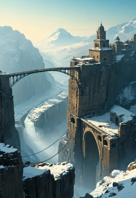 a dramatic mountainous landscape. A massive chain bridge stretches across a snowy chasm, leading to ancient, crumbling stone ruins perched atop a peak. The ruins feature large, arched doorways and are partially covered in snow, suggesting a long-abandoned state. In the foreground, a solitary figure with long hair, clad in dark clothing, stands on the chain, gazing towards the ruins. The sky is overcast, with swirling snowflakes adding to the mystical and foreboding atmosphere. The color palette is dominated by cool blues and grays, enhancing the sense of cold and isolation.