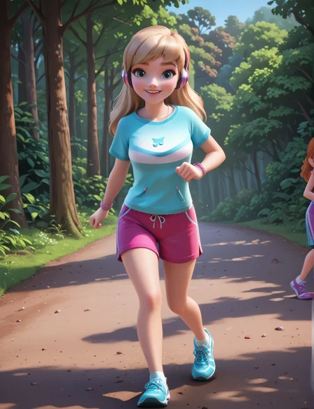 (zPDXL3) source_cartoon, Perfect Hands, full body, handsfree,
1girl, solo, stephanie, blue eyes, long hair, blonde hair, panting, (sweat), dolphin shorts, pink shorts, (headphones, white t-shirt, oversized shirt:1.2), looking at viewer, smile, jogging, outdoors, forest, (detailed background:1.3).
<lora:Stephanie_-_lego_friends:1> <lora:Perfect Hands:1>
