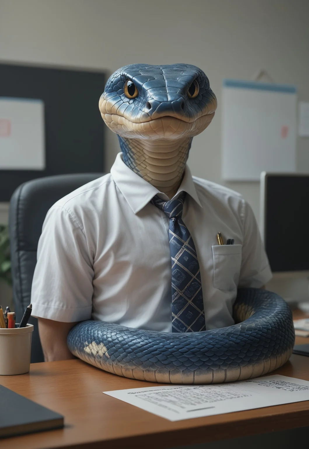 PonyXLV6_Scores, SN3K, snake, lizard, 1boy, male focus, necktie, indoors, blurry, blurry background, scales, shirt, snake, animal, pen, desk, office, collared shirt, monitor, year of the snake,