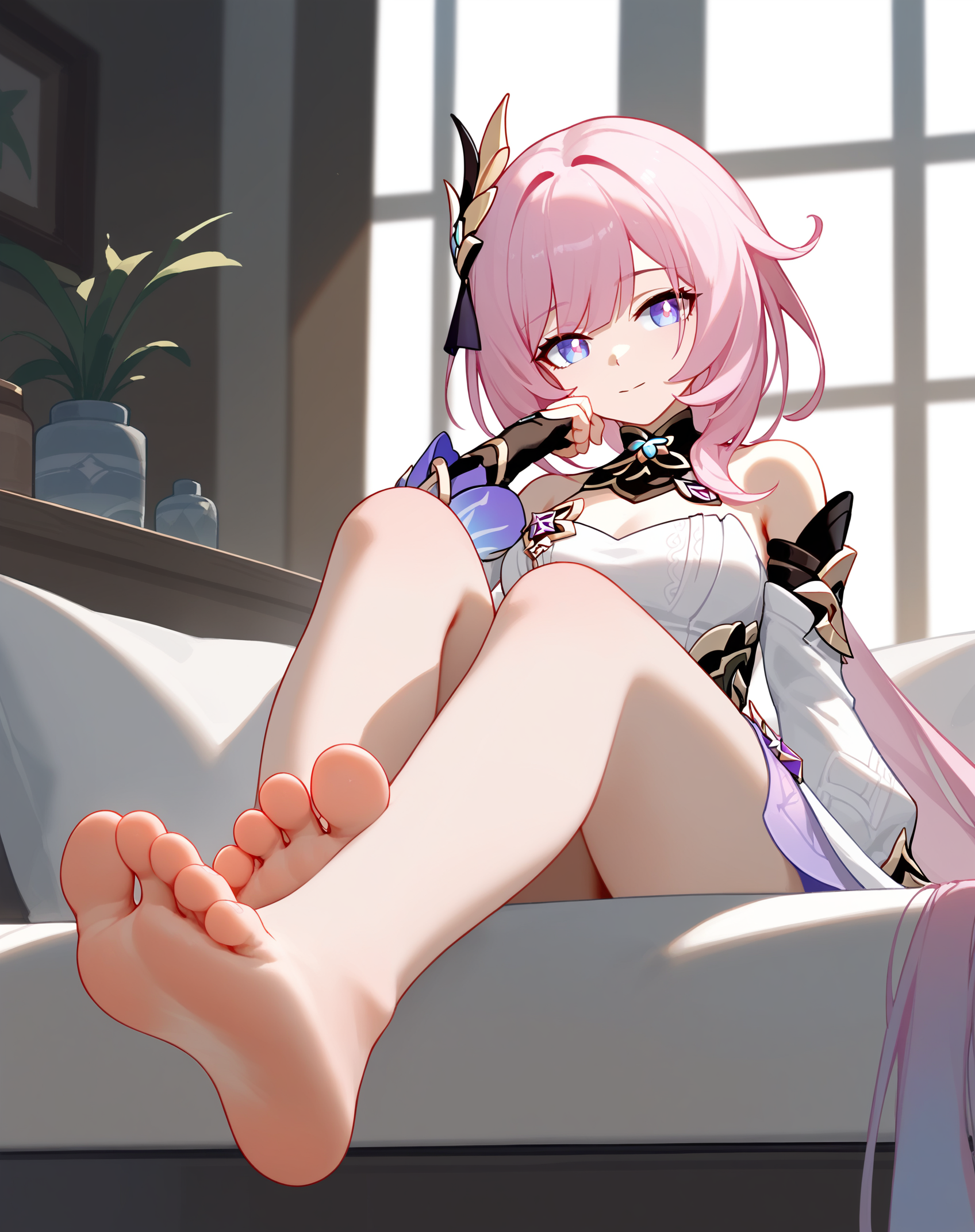 (score_9,score_8_up,score_7_up,),1girl,solo,looking at viewer,indoors,bare foot,feet focus,two feet,elysia \(honkai impact\),<lora:elysia_pony:0.8>,