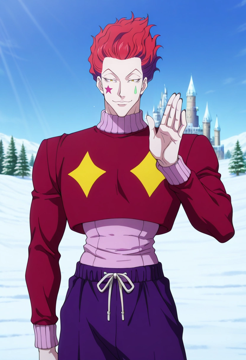 masterpiece, best quality, , anime screencap, anime coloring, official style, , 1boy, solo, male focus, <lora:hisoka_morow_ilxl:0.92>, hisoka_morow, red hair, yellow eyes, facial mark, star \(symbol\), winter castle, ice towers, snow courts, frost gardens, royal pose, majestic expression, morning, Ombre Velvet PlumPurple Swim trunks, Taffeta Batik Striped crew neck sweater, , , and