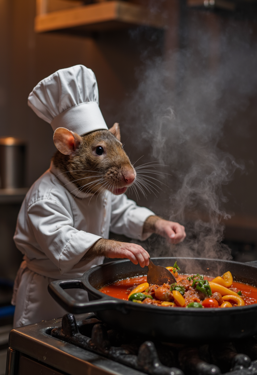 a breathtaking image of glorious artistry. anthropomorphic rat working at professional kitchen stove, ratatouille in real life chefs hat photography