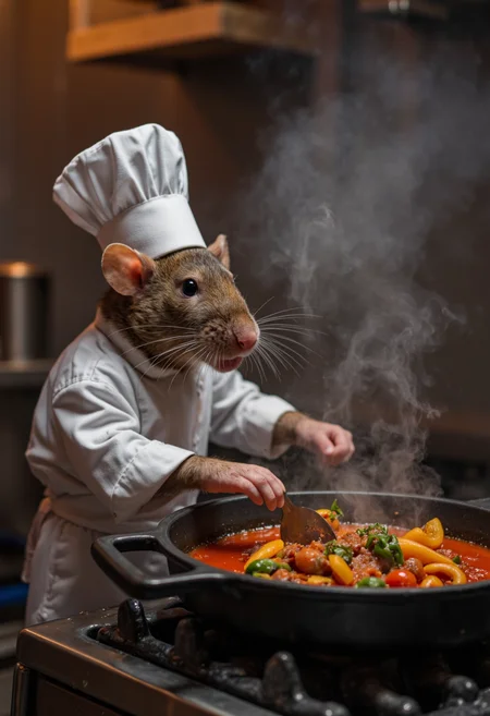 a breathtaking image of glorious artistry. anthropomorphic rat working at professional kitchen stove, ratatouille in real life chefs hat photography