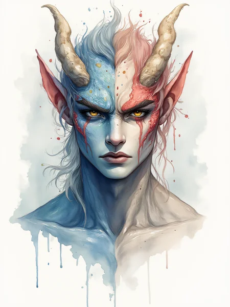 ArsMJStyle, watercolor aswang, male human with dragonic characteristics, scaled skin, slitted pupils, crest,horns,snout, , sense of mystique and hidden power, wise , ( soft colors)