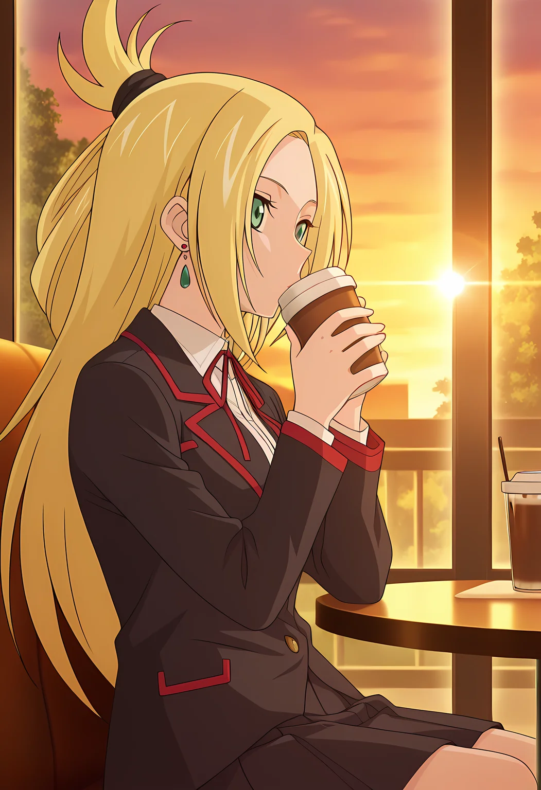 masterpiece,best quality,amazing quality,
1girl, solo, face focus,
Kourin Tatsunagi (Cardfight Vanguard), long hair, blonde hair, green eyes, school uniform, jewelry, earrings, neck ribbon, white shirt, blazer, long sleeves, pleated skirt, white socks, shoes, black footwear,
cinematic, upper body, drinking hot chocolate,
Sit, sitting, glass, cafe, greenery,
afternoon, sunset,
Lens flare, bloom,
Official style, anime screencap, anime coloring,