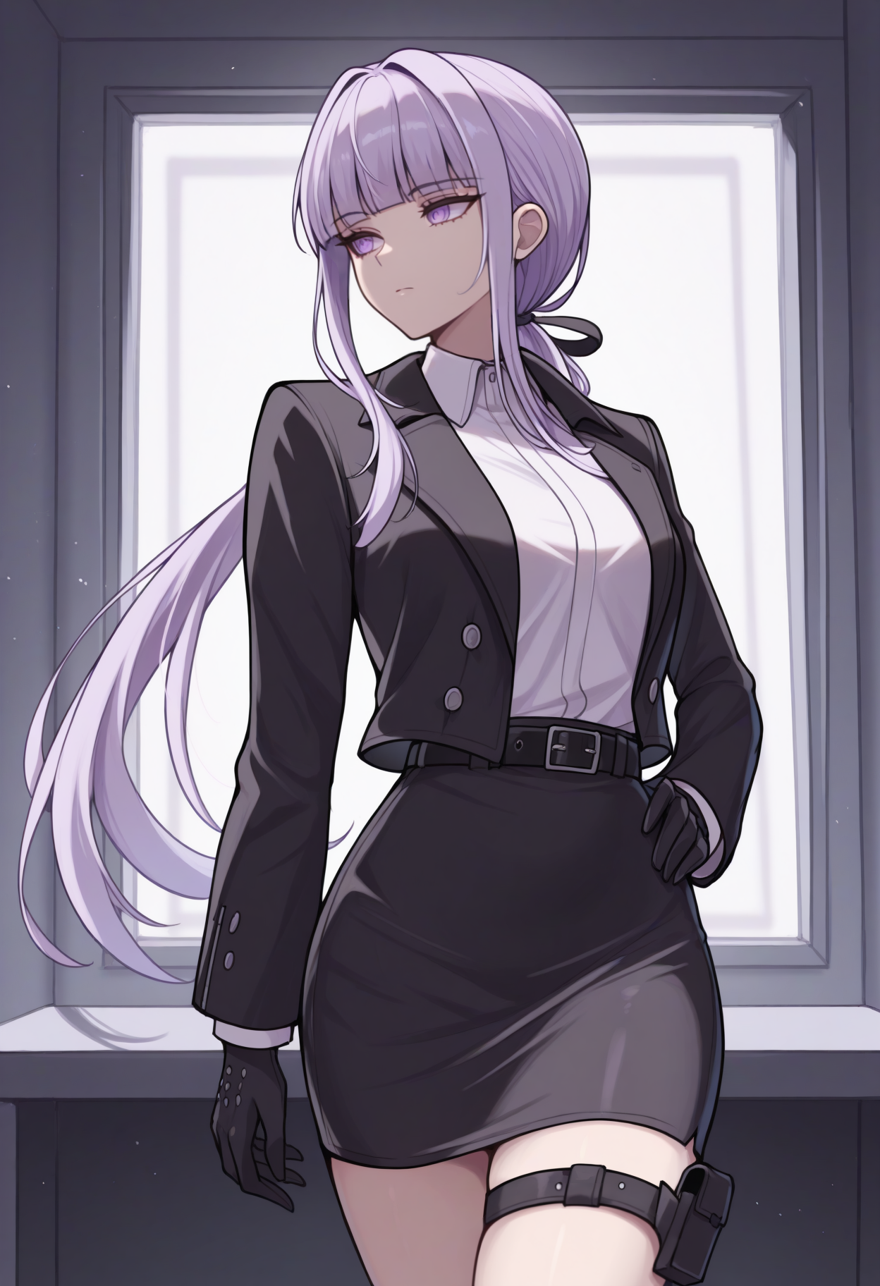 masterpiece, best quality, newest, solo, 1girl, ky0kodr3, expressionless, looking to the side, standing, hand on own hip, arm at side, long hair, purple hair, blunt bangs, low ponytail, hair ribbon, black ribbon, purple eyes, black jacket, suit jacket, open jacket, long sleeves, white shirt, collared shirt, black gloves, black skirt, pencil skirt, black belt, thigh strap, thigh pouch, indoors, office
<segment:yolo-Anzhc Face seg 640 v2 y8n.pt,0.4,0.5//cid=1>