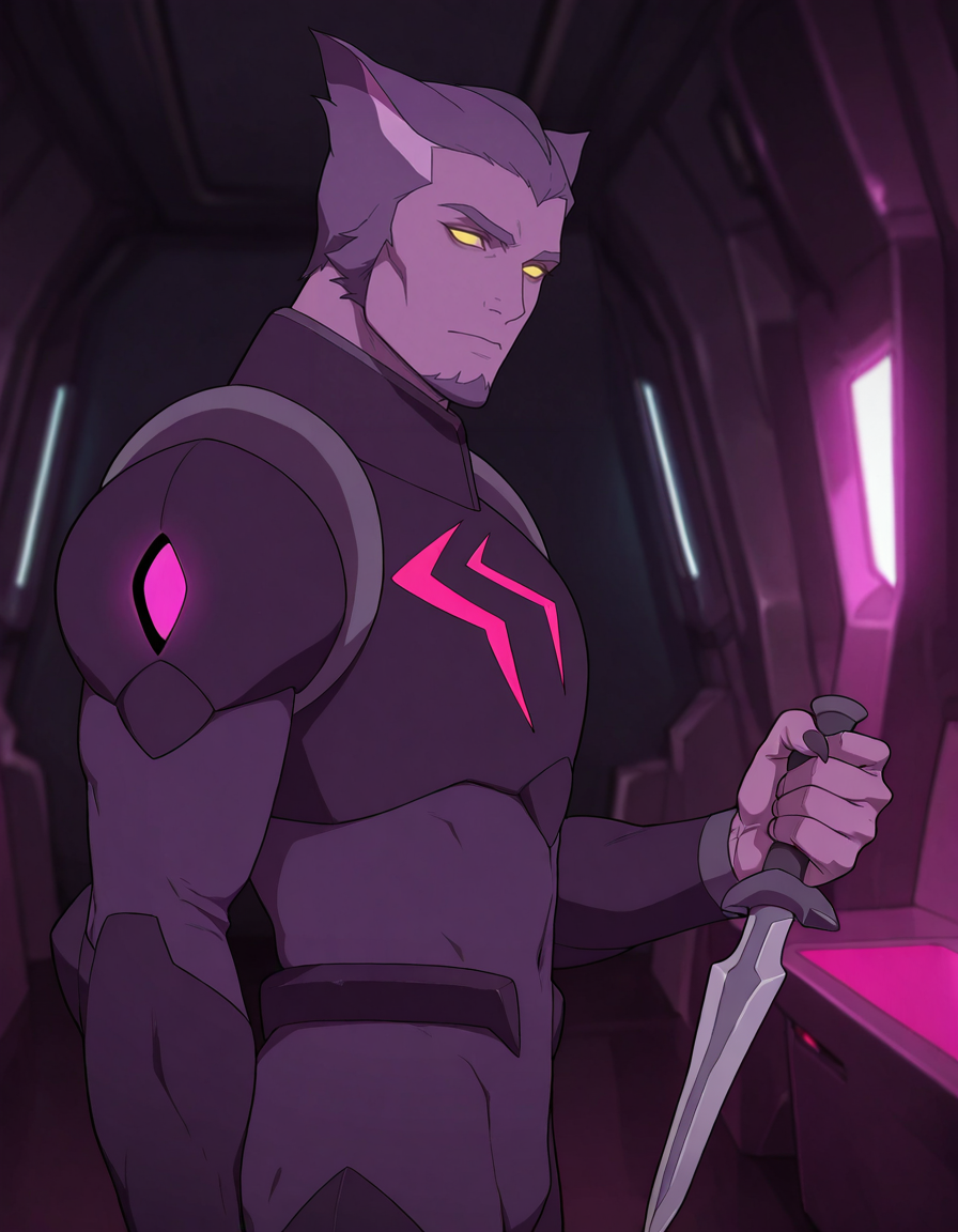 masterpiece, best quality, newest, detailed background, intricate details, male focus, realistic, solo, <lora:VLD - Thace - Illustrious-000007:0.8>,  vld_thace, 1boy, very short hair, multicolored hair, purple body fur, yellow eyes, glowing eyes, solid eyes, no pupils, cat ears, goatee, long nails, body suit, breastplate, shoulder armor, arm guards, spacecraft interior, from side, holding dagger, looking at viewer, head tilt