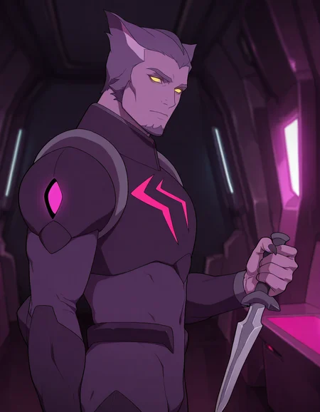 masterpiece, best quality, newest, detailed background, intricate details, male focus, realistic, solo, <lora:VLD - Thace - Illustrious-000007:0.8>,  vld_thace, 1boy, very short hair, multicolored hair, purple body fur, yellow eyes, glowing eyes, solid eyes, no pupils, cat ears, goatee, long nails, body suit, breastplate, shoulder armor, arm guards, spacecraft interior, from side, holding dagger, looking at viewer, head tilt
