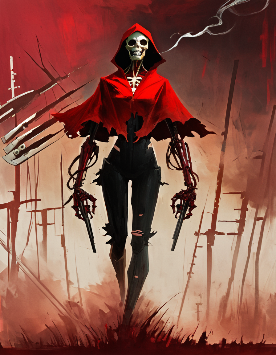 (digital painting:1.3), concept art, line art,cyberninja, DemonEngin3, Cyberpunk, sci-fi, dark-fantasy,highly detailed,female, elegent face, full body shot photo of a demonic cyborg robot, face is skullbone with scares, intricate, biomechanical,tech mechanicus ,red hooded, sharp teeth, elegant, highly detailed, devil-armor, digital painting, artstation, alien, torn clothes, jewelry, black pants, god engine, sharp teeth, spine, monochrome, bandages, holding smoking pipe, artstation, tube, artist name, mermaid, android, sheath, male focus, holding scythe, long hair, red black and gold colors spider legs.