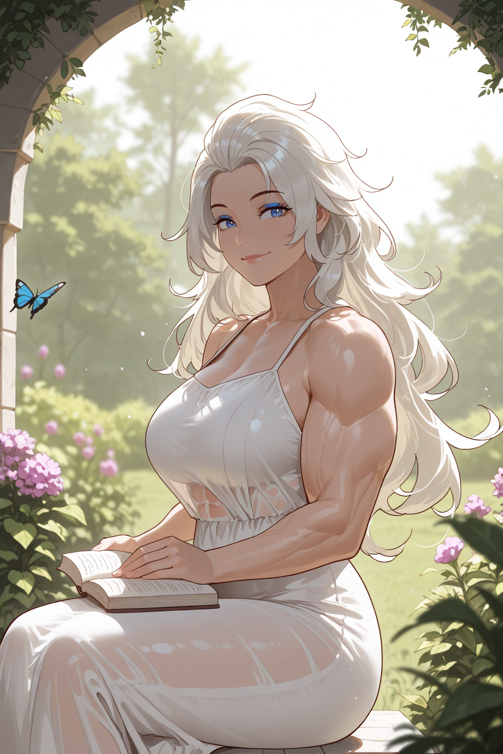 masterpiece, good quality, best quality, very awa, very as2, absurdres, highres, depth of field, photorealism, dynamic lighting, high contrast,
 <lora:Marian Kelly river city girls 2illuLora:1>MarianKelly, muscular female, abs, long hair, white hair, blue eyes, blue eyeshadow, from side, sitting, garden, white gown, see-through clothes, holding book, smile, butterfly,