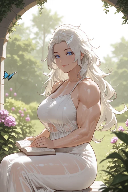 masterpiece, good quality, best quality, very awa, very as2, absurdres, highres, depth of field, photorealism, dynamic lighting, high contrast,
<lora:Marian Kelly river city girls 2illuLora:1>MarianKelly, muscular female, abs, long hair, white hair, blue eyes, blue eyeshadow, from side, sitting, garden, white gown, see-through clothes, holding book, smile, butterfly,