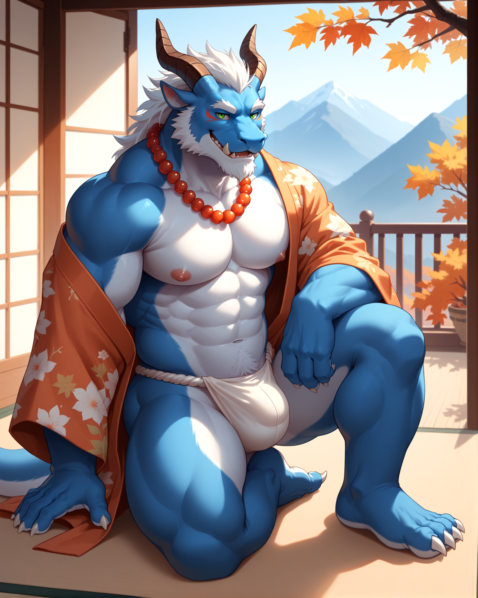 score_9,score_8_up,score_7_up,score_6_up,furry,kemono,high quality,tail,rating_explicit,embedding:zPDXL3 BREAK male furry,(bara),huge plump Chest Muscles,perfect anatomy,
(half naked,white Fundoshi,Show one shoulder),Tatami,Sitting on the ground,feet spread,Japanese style room,full body,jewelry,pattern gold and blue japanese clothes,large pectorals,smile,nipples,beard,mature male,furry male,facial hair,bare pectorals,white hair,furry,kimono,Buddha bead necklace,open red and blue and  gold Patterned kimono,tail,beads,dragon horns,stomach,monster boy,open clothes,abs,tusks,colored skin,(two color skin),navel,((crotch bulge)),(Landscape background,Scenery outside the open window door),(one leg on ground),white abs,(white  skin),(blue skin:0.7),Mountain,autumn,maple,(claw)