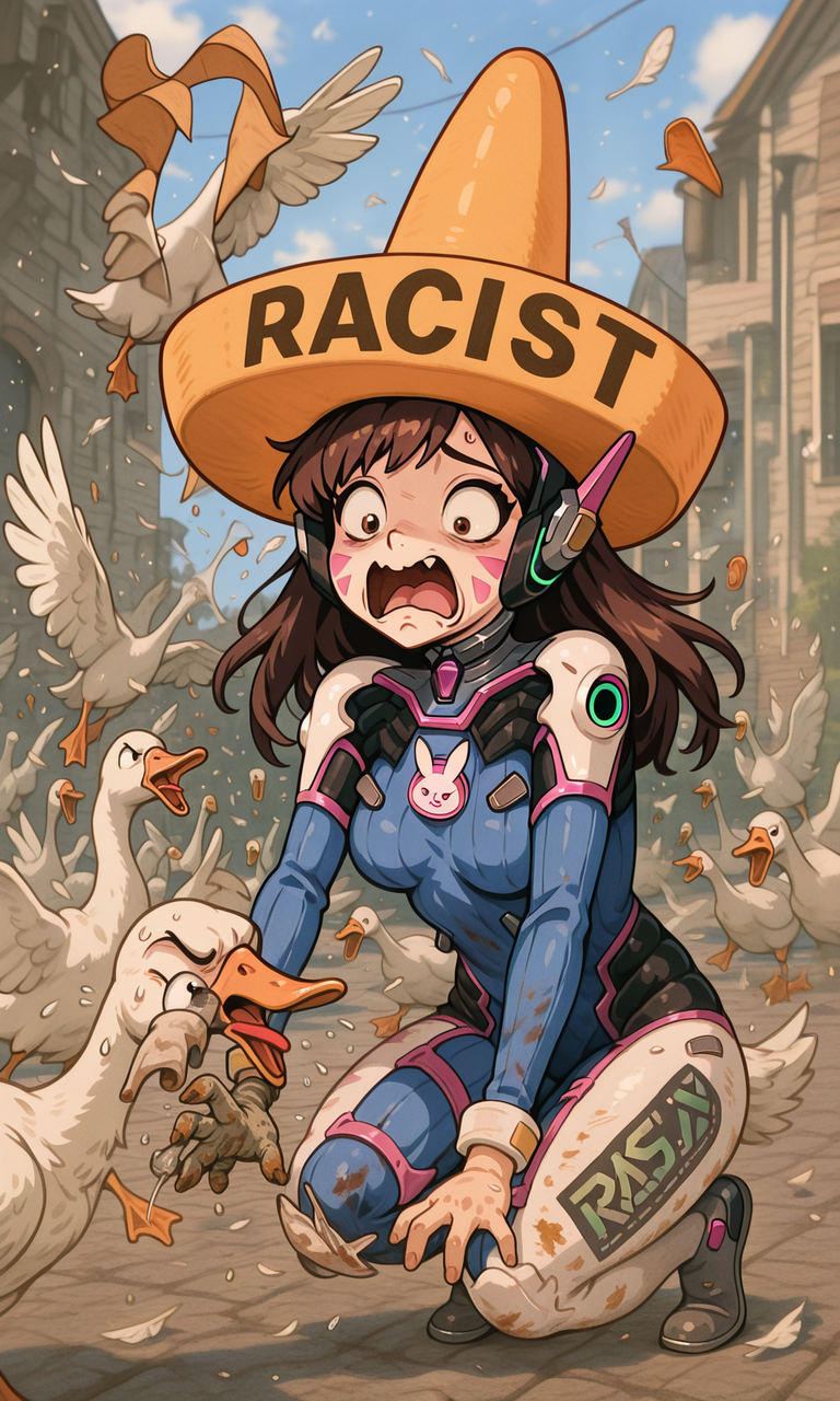 embedding:IllusP0s, goose ambush, 6+ geese, racist sombrero, d.va_\(overwatch\), 1girl, solo, outdoors, scared,<lora:goose ambush_illustrious.safetensors:1.0:1.0> <lora:racist sombrero_illustrious.safetensors:1:1>