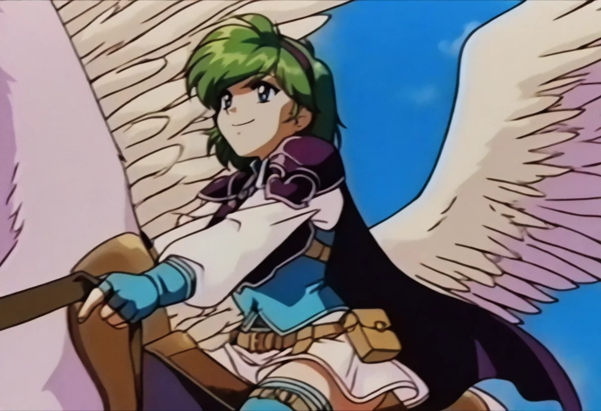 masterpiece, best quality, solo, 1girl, smile, <lora:nino-fe-richy-v1_ixl:1>, nin0pf, blue eyes, green hair, short hair, antenna hair, purple hairband, blue shirt, white sleeves, long sleeves, purple breastplate, purple shoulder armor, purple cape, white skirt, brown belt, belt pouch, blue gloves, fingerless gloves, blue thigh boots, <lora:FeOVA_GLoRA-illus_Fp:1>, retro artstyle, riding pegasus, sky,