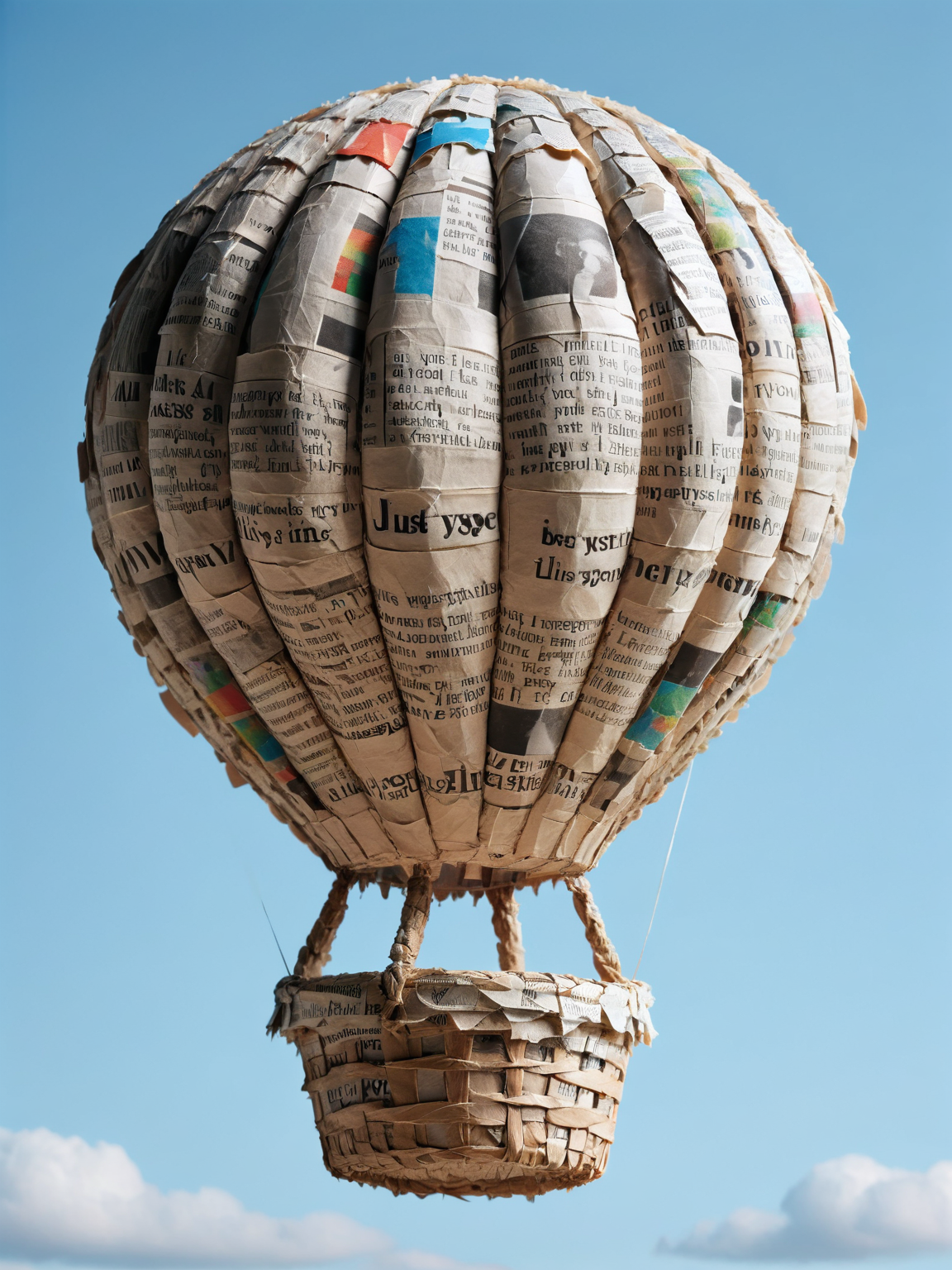 ais-papiermache hot air balloon, floating gracefully in the sky, its papier-mache basket swaying in the breeze <lora:Papier_Mache_Style_SDXL:1>