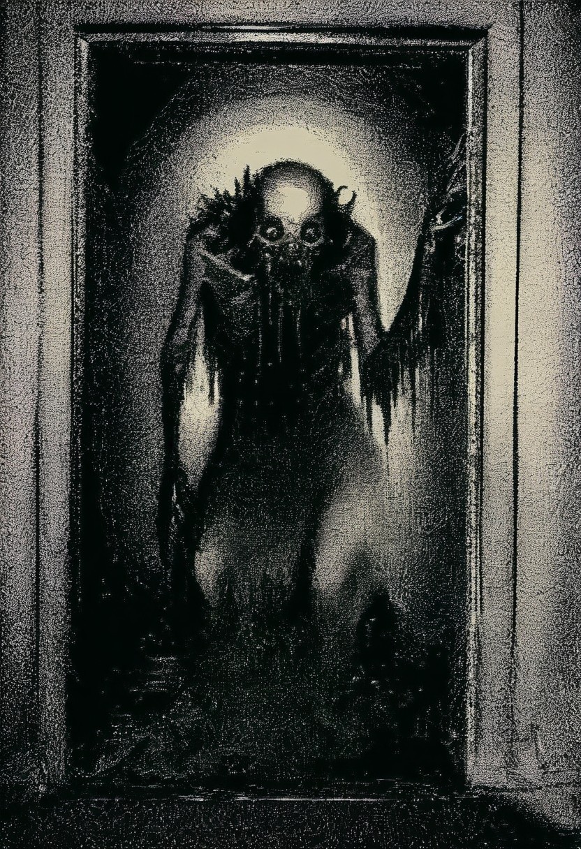 masterpiece, best quality, monochrome, greyscale, no humans, monster standing in doorway, faceless, horror \(theme\), dark, fine detail, pointillism <lora:RioOka_v1_NoobAI:1.0>