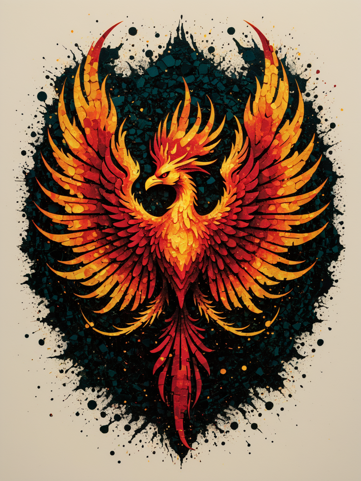 inkblot, lino print, cel-shaded, Logo of a phoenix rising from pixelated ashes: Digital Renaissance Daybreak, rapid render, cyber samurai, matrix mosaic:2, intricate, kinetic, visceral, poignant, disruption for depth perception, luminous, avant-garde color palette, meticulous
 <lora:fractal-art.v1:1>