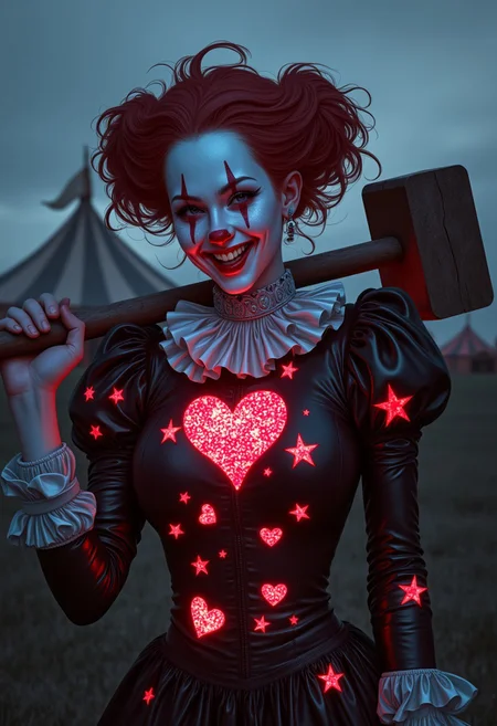 A dramatic 8k image, rendered in bioluminescent inks on textured bio-paper. A female clown wearing a leather clown costume adorned with red and white bioluminescent hearts and stars. She is carrying a large mallet and grinning maniacally at the viewer. A creepy circus tent looms large in the distant background. The bio-ink adds a textured, almost three-dimensional effect